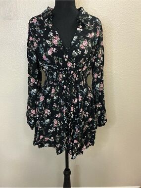 No Comment NY•LA Black Floral Long Sleeve dress with Pink & Blue Blooms